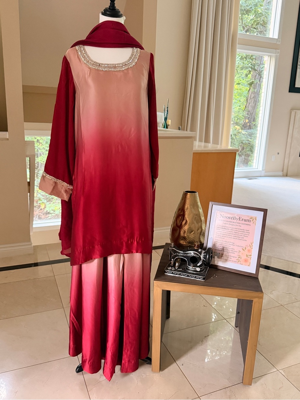 Ombre Red and Blush Satin Evening Dress Set
